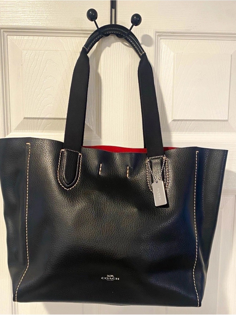 COACH Black Leather Derby Tote with Red Interior Trim